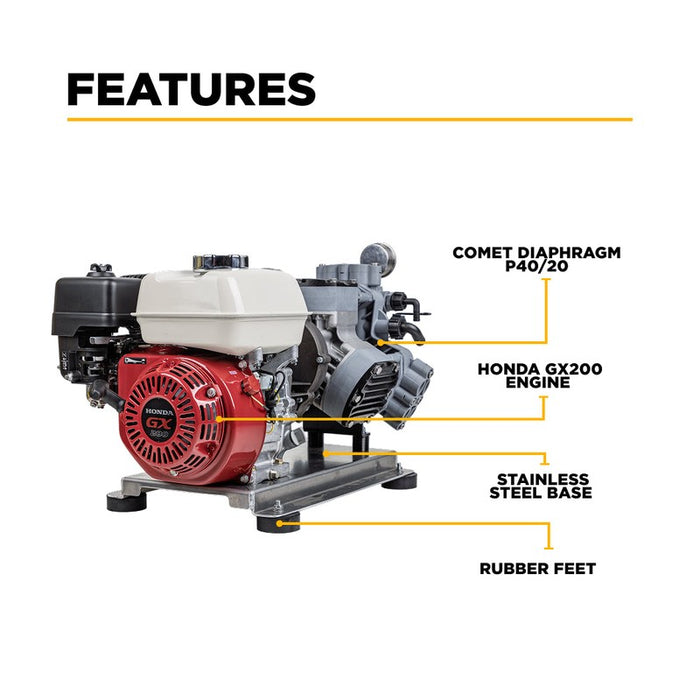 BE Power Equipment SW1165HC2 300 PSI 11.0 GPM Gas Gear Drive Commercial Mobile Soft Wash System with Honda GX200 Engine and Comet P40/20 Diaphragm Pump