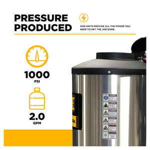 BE Power Equipment 1250 1,000 PSI 2.0 GPM Hot Water Electric Pressure Washer with 2.0 HP Baldor Motor and General Triplex Pump
