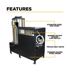 BE Power Equipment 67HD-3 3,000 PSI 5.0 GPM Hot Water Electric Pressure Washer with 10 HP 208 to 230 V Three Phase Baldor Motor and General Belt Drive Triplex Pump