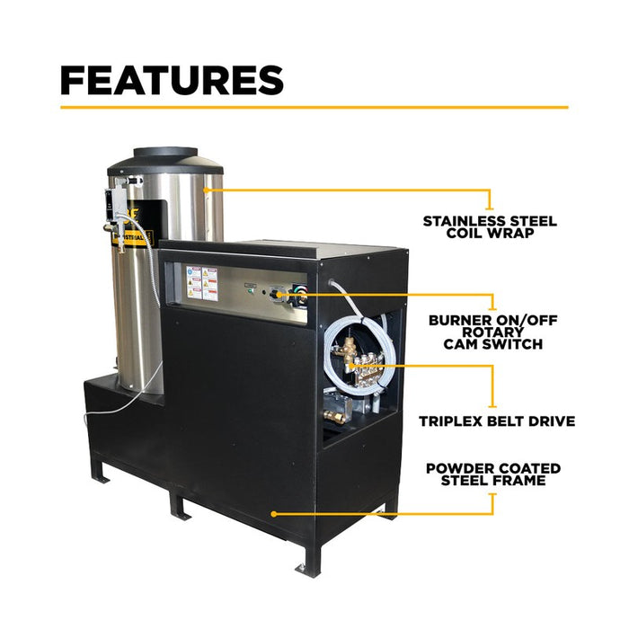 BE Power Equipment 64HD 2,300 PSI 4.0 GPM Hot Water Electric Pressure Washer with 6.0 HP Baldor Motor and General Triplex Pump