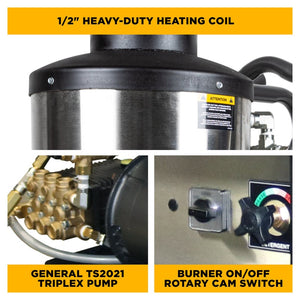 BE Power Equipment 67HD 3,000 PSI 5.0 GPM Hot Water Electric Pressure Washer with 10 HP Baldor Motor and General Belt Drive Triplex Pump