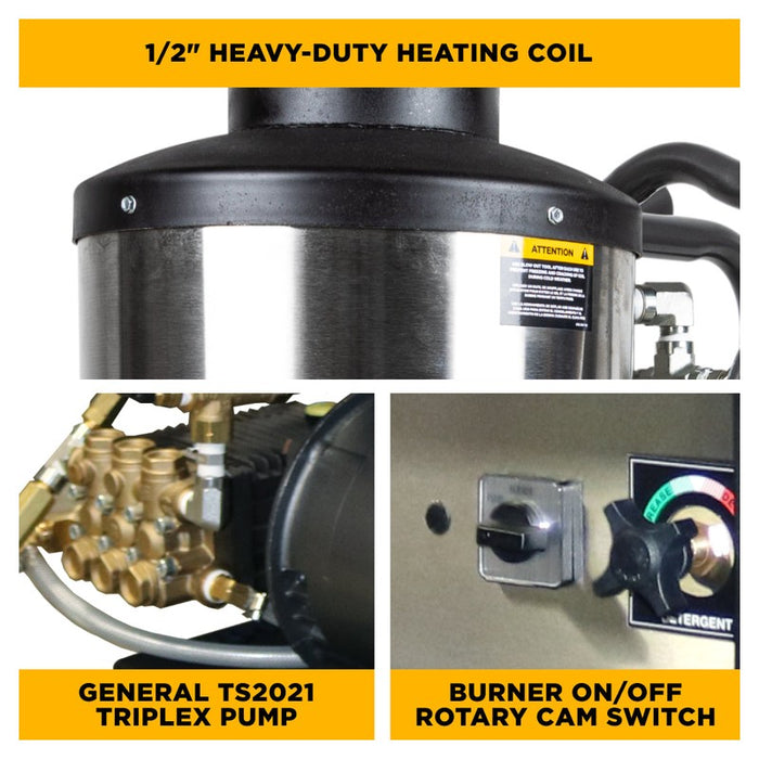 BE Power Equipment 67HD-3 3,000 PSI 5.0 GPM Hot Water Electric Pressure Washer with 10 HP 208 to 230 V Three Phase Baldor Motor and General Belt Drive Triplex Pump