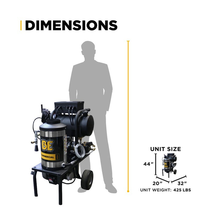 BE Power Equipment 1250 1,000 PSI 2.0 GPM Hot Water Electric Pressure Washer with 2.0 HP Baldor Motor and General Triplex Pump