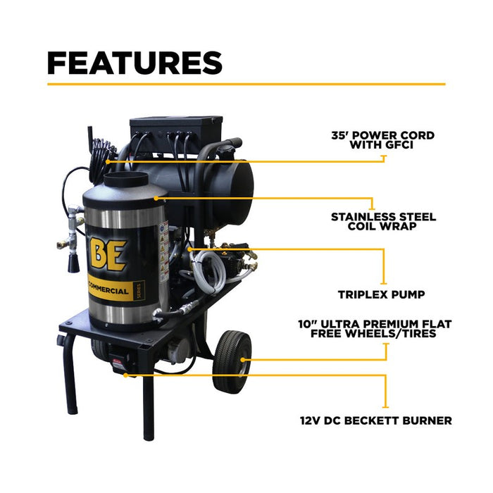 BE Power Equipment 1250 1,000 PSI 2.0 GPM Hot Water Electric Pressure Washer with 2.0 HP Baldor Motor and General Triplex Pump