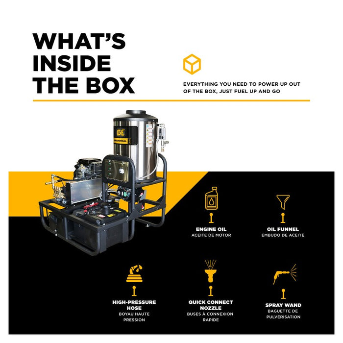 BE Power Equipment Z5535CPBDH 3,500 PSI 5.2 GPM Hot Water Skid Pressure Washer with Honda GX690 Electric Start Engine and Comet Belt Drive Triplex Pump