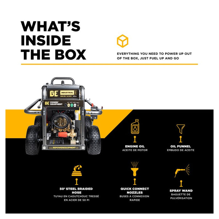 BE Power Equipment B5024HEBAS 5,100 PSI 5.5 GPM Cold Water Gas Pressure Washer with Honda GX690 Electric Start Engine and CP Belt Drive Triplex Pump on Roll Cage Frame