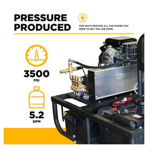BE Power Equipment Z5535CPBDV 3,500 PSI 5.2 GPM Hot Water Skid Pressure Washer with Vanguard 18 HP Electric Start Engine and Comet Belt Drive Triplex Pump