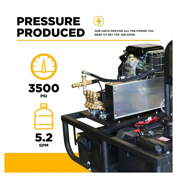 BE Power Equipment Z5535CPBDV 3,500 PSI 5.2 GPM Hot Water Skid Pressure Washer with Vanguard 18 HP Electric Start Engine and Comet Belt Drive Triplex Pump