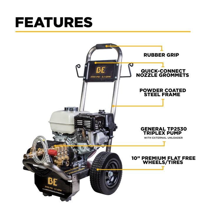 BE Power Equipment B3165HSGS 3,100 PSI 3.1 GPM Cold Water Gas Pressure Washer