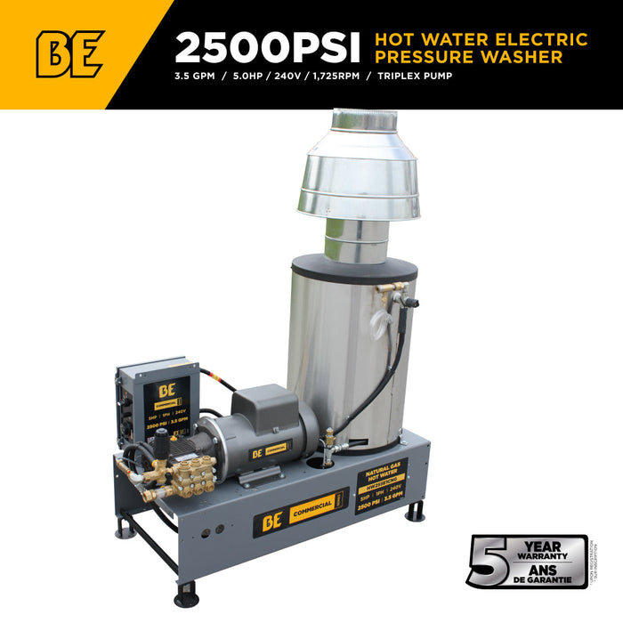 BE Power Equipment HW255E1CNG 2,500 PSI 3.5 GPM 5.0 HP Electric Hot Water Pressure Washer with Baldor Motor and AR Triplex Pump