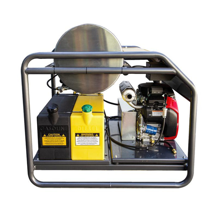BE Power 3HW3524HG12V 3,500 PSI 5.6 GPM Hot Water Pressure Washer Honda GX690 Engine and General Triplex Pump lateral view