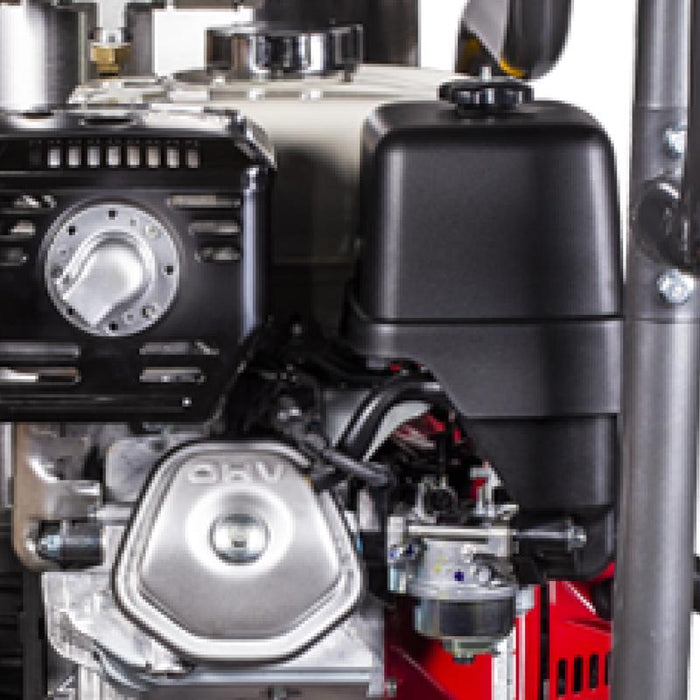 BE Power 3HW3524HG12V 3,500 PSI 5.6 GPM Hot Water Pressure Washer Honda GX690 Engine and General Triplex Pump close up