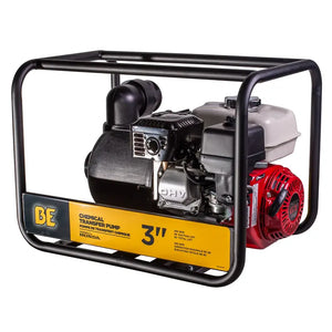 BE Power Equipment 3 inch chemical transfer pump with Honda GX200 engine, angled view