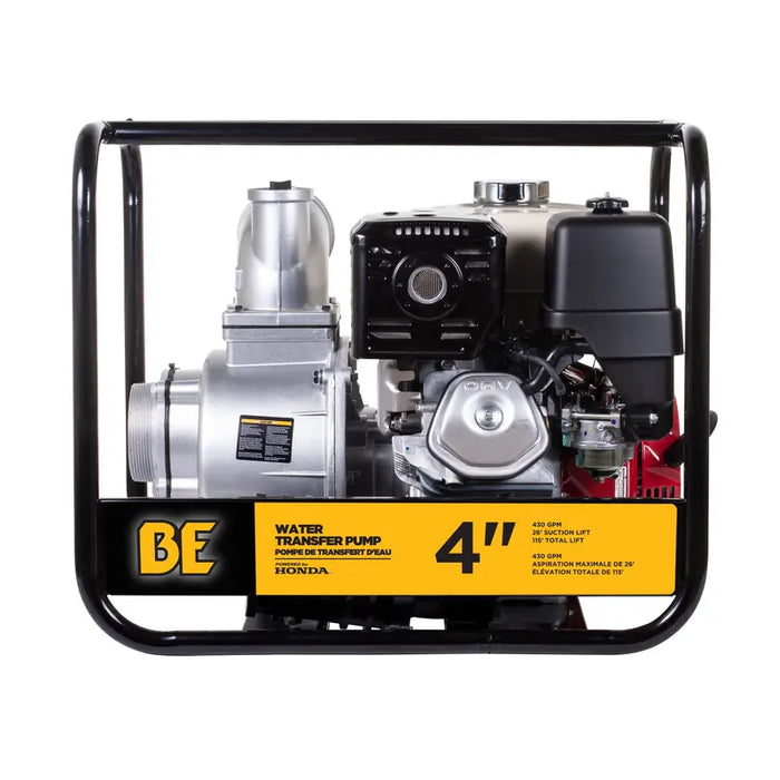 BE Power Equipment 4 inch water transfer pump with Honda GX390 engine, angled view