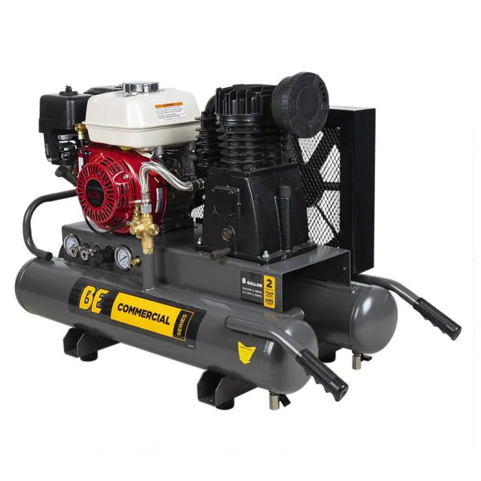 BE Power AC658HB 90 PSI 13.8 CFM Gas Air Compressor with Honda GX200 Engine in white background
