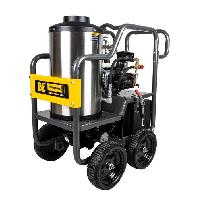 BE Power HW2765HG 3,000 PSI 3.0 GPM Hot Water Pressure Washer with Honda GX200 Engine and General Triplex Pump in white background
