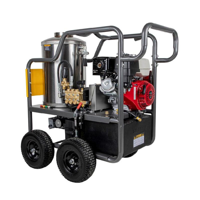 BE Power HW4013HBG 4,000 PSI - 4.0 GPM Hot Water Pressure Washer with Honda GX390 Engine and Belt Driven General Triplex Pump facing right