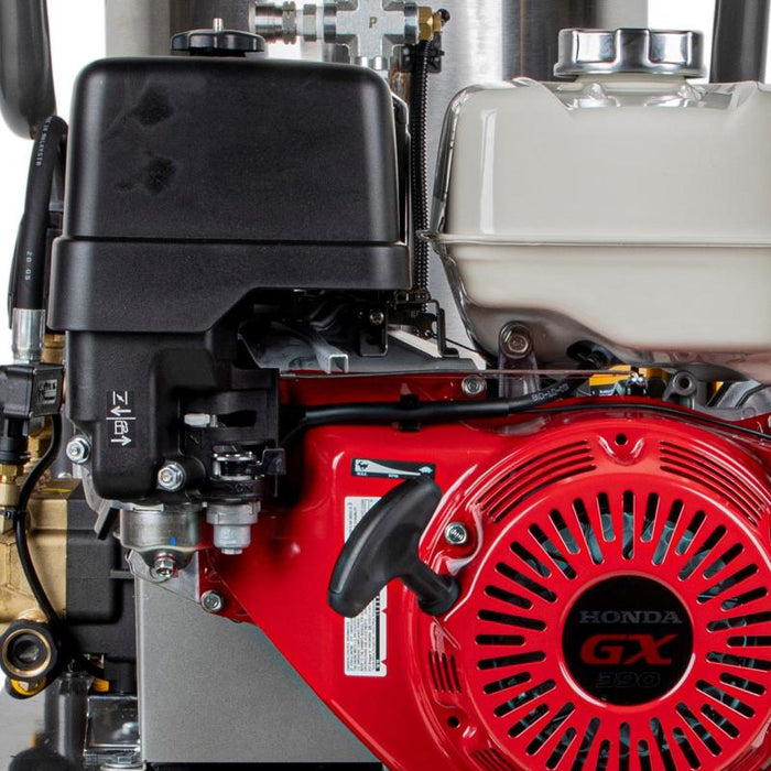 BE Power HW4013HBG 4,000 PSI - 4.0 GPM Hot Water Pressure Washer with Honda GX390 Engine and Belt Driven General Triplex Pump close up