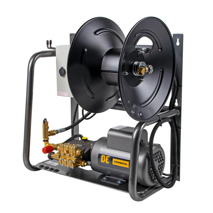 BE Power X-1520FW1GENH 1,500 PSI 2.0 GPM 2.0 HP Wall Mount Electric Pressure Washer with a Baldor Motor and General Triplex Pump in white background
