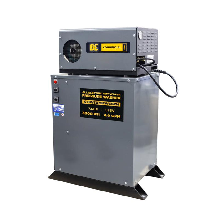 BE Power X-HW3075EW3GEN 3,000 PSI 4.0 GPM 7.5 HP Hot Water Pressure Washer with 7.5HP Motor and General Triplex Pump front view