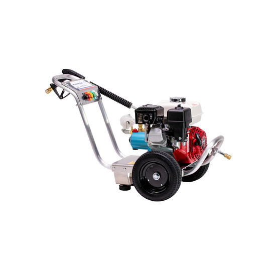 Pressure-Pro Eagle II E3027HC-20 gas powered cold water pressure washer on an aluminum cart, front view