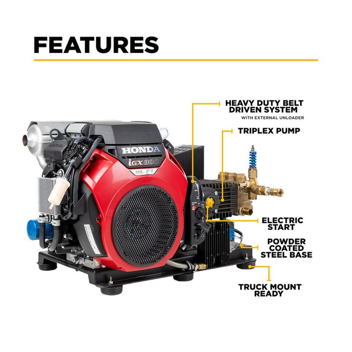 BE Power Equipment B3528HETBGS 3,500 PSI 10.0 GPM Truck Mount Cold Water Gas Pressure Washer with Honda iGX800 Engine and General Belt Drive Triplex Pump