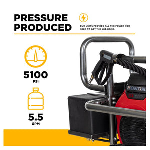 BE Power Equipment B5024HEBAS 5,100 PSI 5.5 GPM Cold Water Gas Pressure Washer with Honda GX690 Electric Start Engine and CP Belt Drive Triplex Pump on Roll Cage Frame