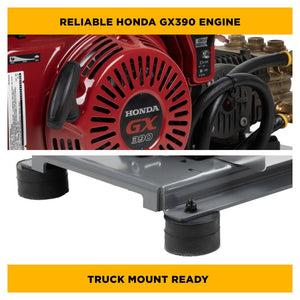 BE Power Equipment B3213HETBCS 3,200 PSI 5.2 GPM Truck Mount Cold Water Gas Pressure Washer with Honda GX390 Electric Start Engine and Comet Triplex Pump