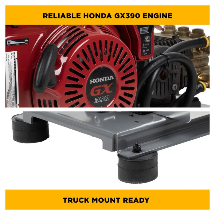 BE Power Equipment B3213HETBCS 3,200 PSI 5.2 GPM Truck Mount Cold Water Gas Pressure Washer with Honda GX390 Electric Start Engine and Comet Triplex Pump