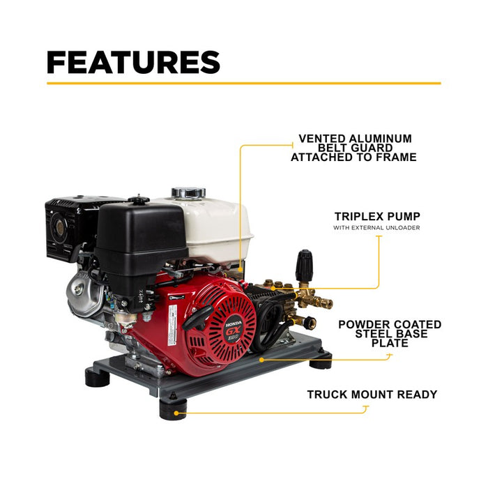 BE Power Equipment B4213HETBGS 4,200 PSI 4.2 GPM Truck Mount Cold Water Gas Pressure Washer with Honda GX390 Electric Start Engine and General Belt Drive Triplex Pump
