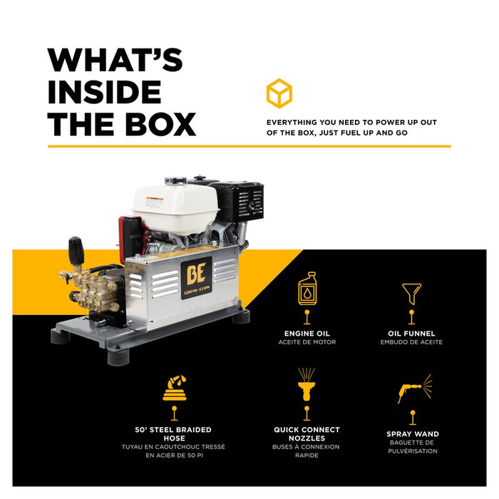 BE Power Equipment B3213HETBCS 3,200 PSI 5.2 GPM Truck Mount Cold Water Gas Pressure Washer with Honda GX390 Electric Start Engine and Comet Triplex Pump