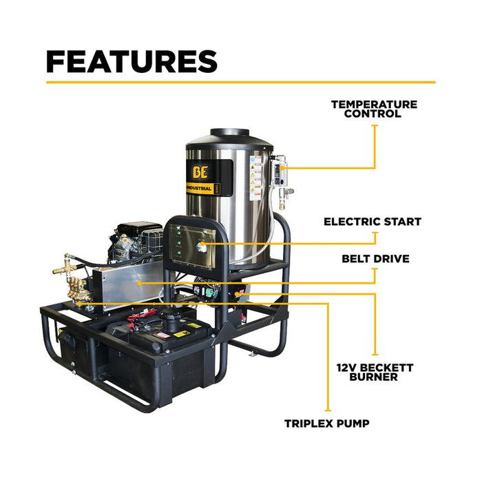 BE Power Equipment Z5535CPBDV 3,500 PSI 5.2 GPM Hot Water Skid Pressure Washer with Vanguard 18 HP Electric Start Engine and Comet Belt Drive Triplex Pump