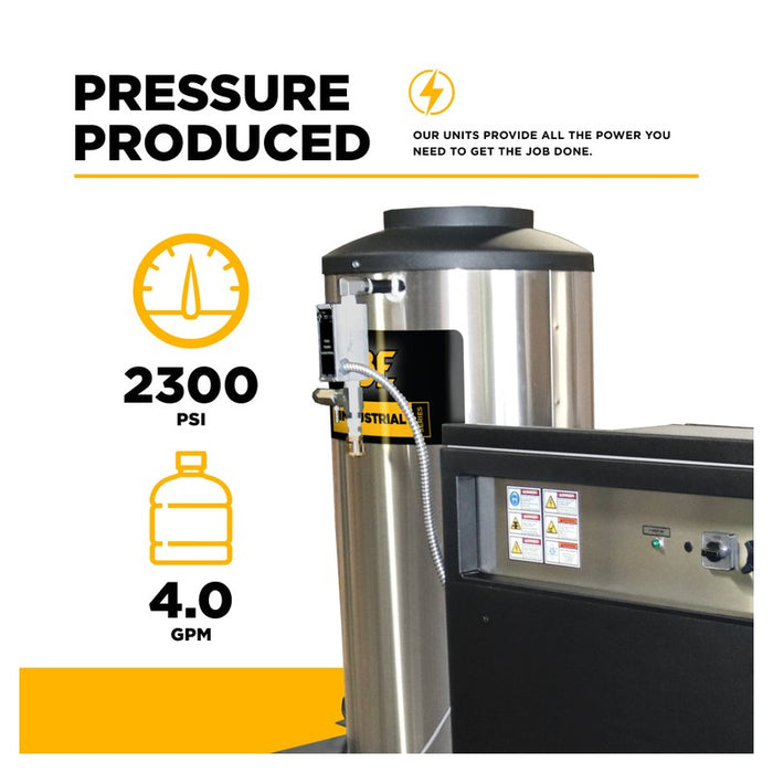 BE Power Equipment 64HD 2,300 PSI 4.0 GPM Hot Water Electric Pressure Washer with 6.0 HP Baldor Motor and General Triplex Pump