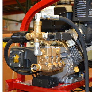 Pressure-Pro Dirt Laser SH40004HH triplex pump and unloader, close up on the frame