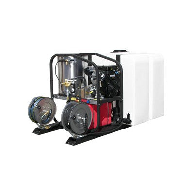 Pressure-Pro T185TWH/SK30005VH hot water pressure washer tank skid with a 200 gallon tank and two stainless steel hose reels