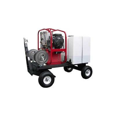 Pressure-Pro TSKDT/T185TWH/SK40004HH hot water pressure washer tow and stow wash cart with a 200 gallon tank and two stainless steel hose reels